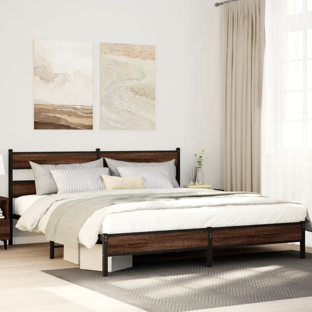 Bed Frame without Mattress Engineered Wood Brown Oak Length 200 cm with Headboard & Low Footboard 180 cm