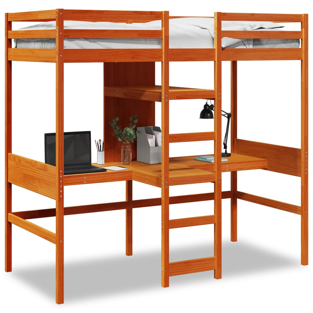 Loft Bed Frame without Mattress Solid Wood Pine Wax brown 90 x 200 cm