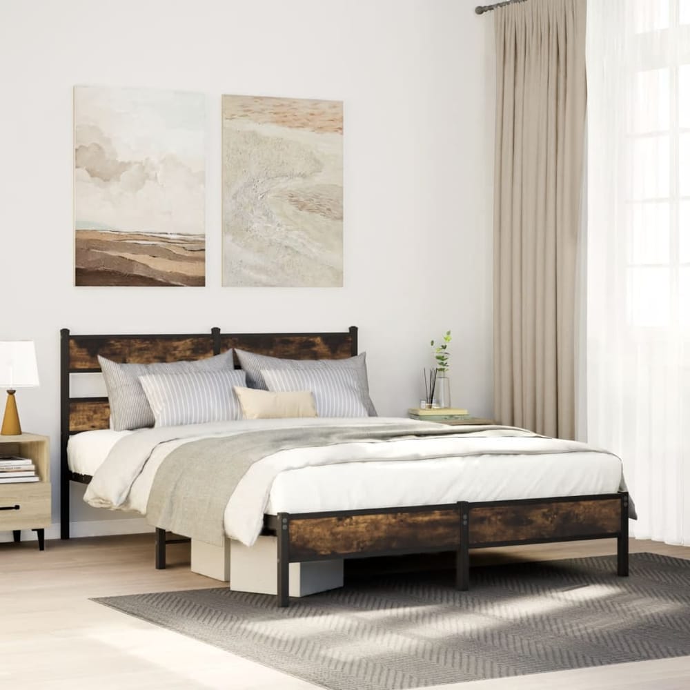 Bed Frame without Mattress with Headboard Smoked Oak Length 200 cm with Headboard & Low Footboard 140 cm