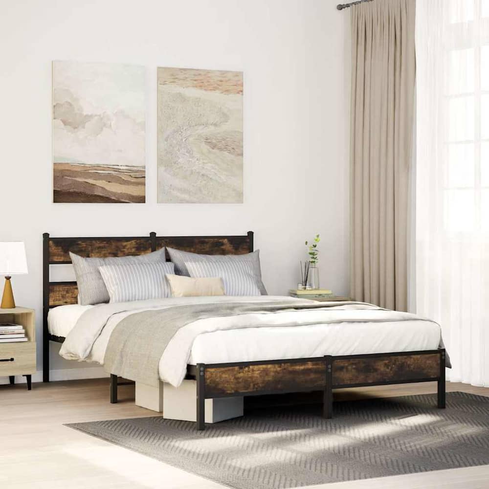 Bed Frame without Mattress with Headboard Smoked Oak Length 200 cm with Headboard & Low Footboard 160 cm