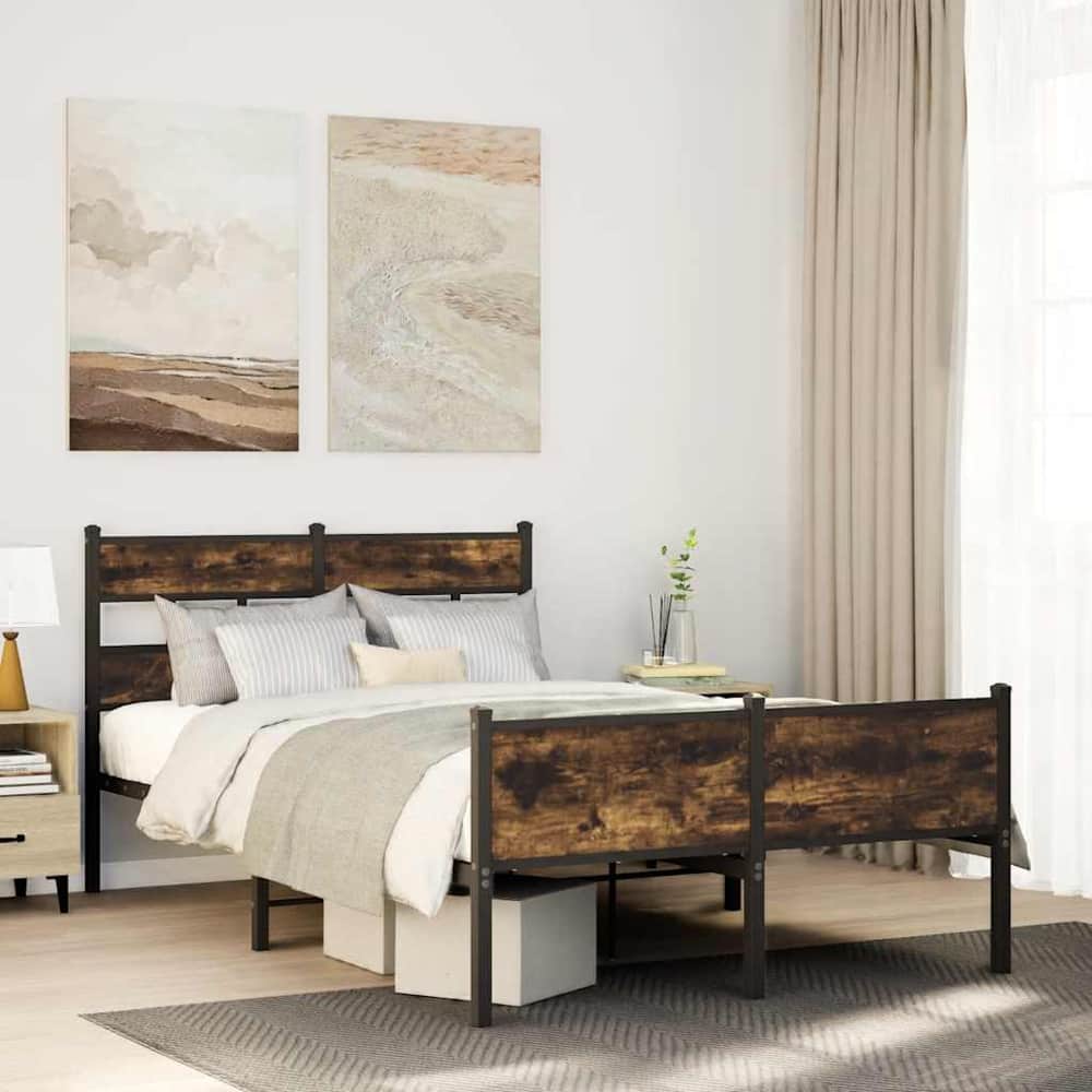Bed Frame without Mattress Engineered Wood Smoked Oak Length 200 cm with Headboard & High Footboard 120 cm
