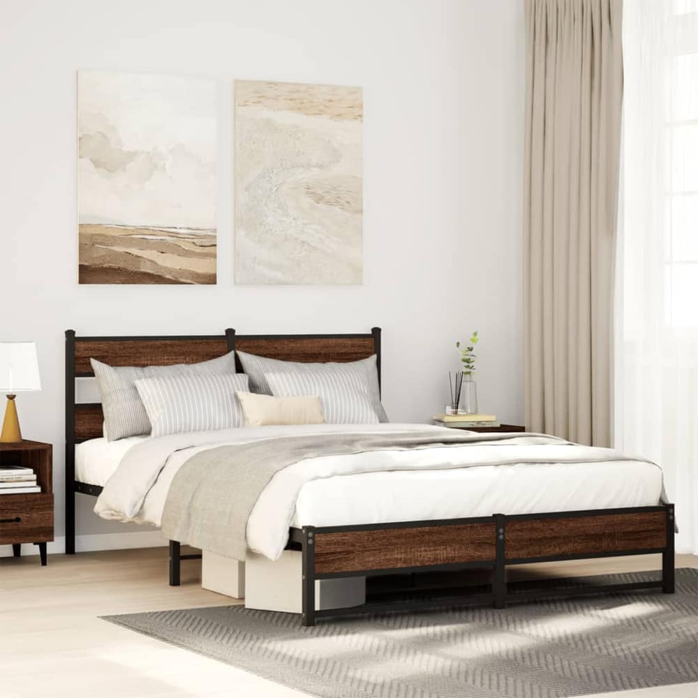 Metal Bed Frame without Mattress Brown Oak Length 190 cm with Headboard & Dual Low Footboard 135 cm