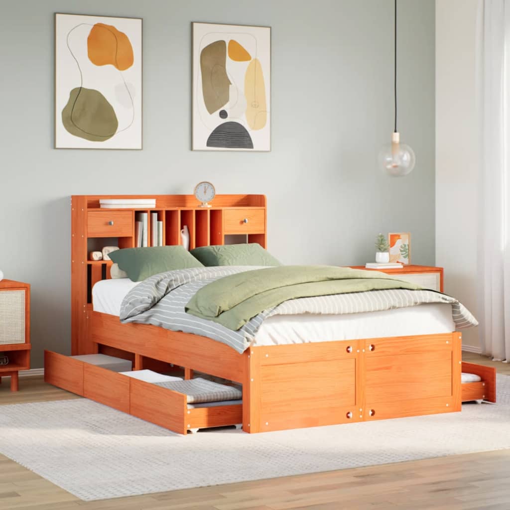 Bookcase Bed without Mattress Solid Wood Pine Wax brown 135 cm 190 cm