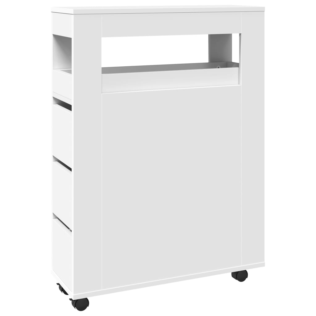Narrow Bathroom Cabinet with Wheels White Engineered Wood, image 2