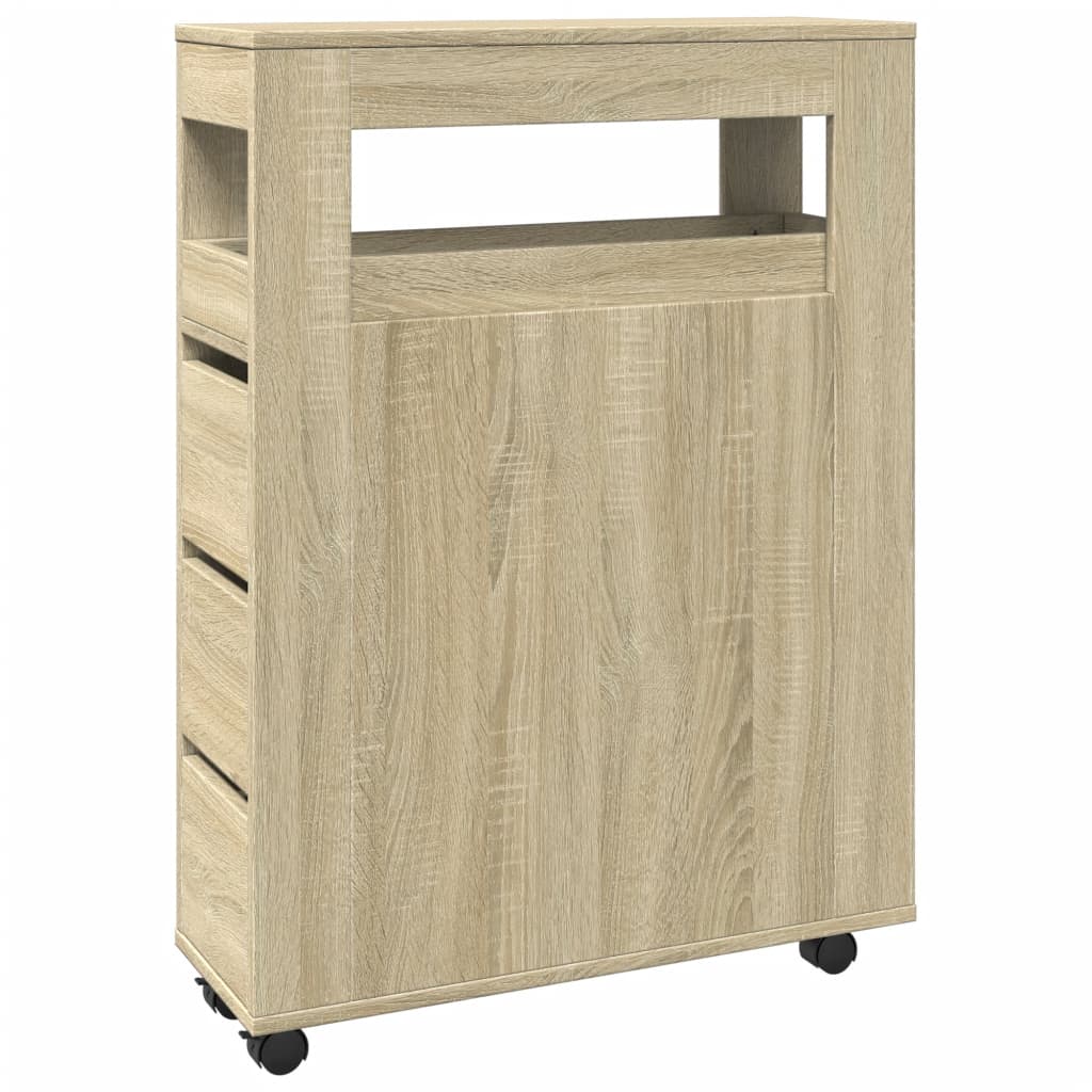 vidaXL Narrow Bathroom Cabinet with Wheels Sonoma Oak Engineered Wood 2