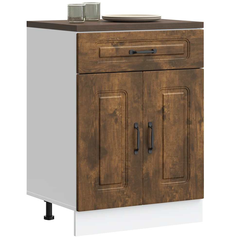 Kitchen Base Cabinet "Kalmar" Engineered Wood Smoked Oak 1x bottom cabinet (2 doors 1 drawer) 60 cm wide 81.5 cm high