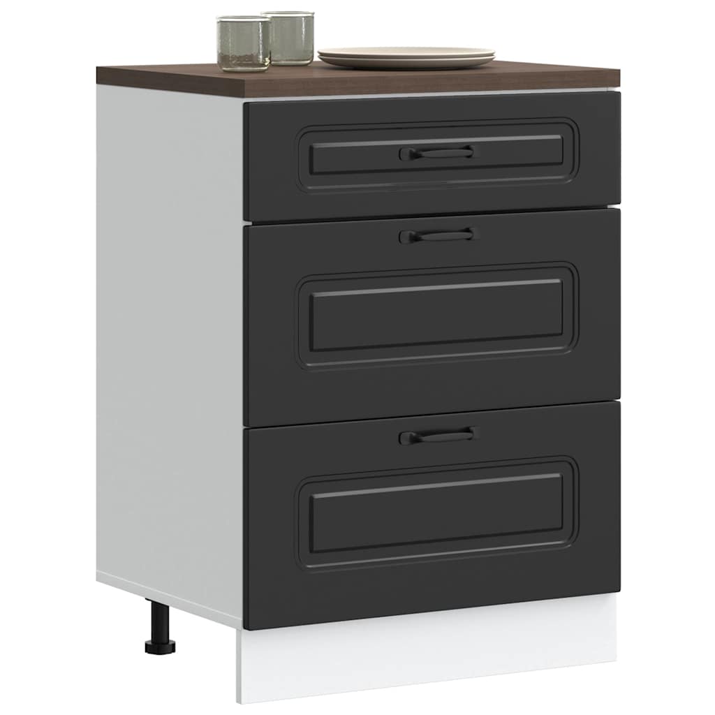 Kitchen Base Cabinet "Kalmar" Engineered Wood Black 1x bottom cabinet (3 drawers) 60 cm wide 81.5 cm high