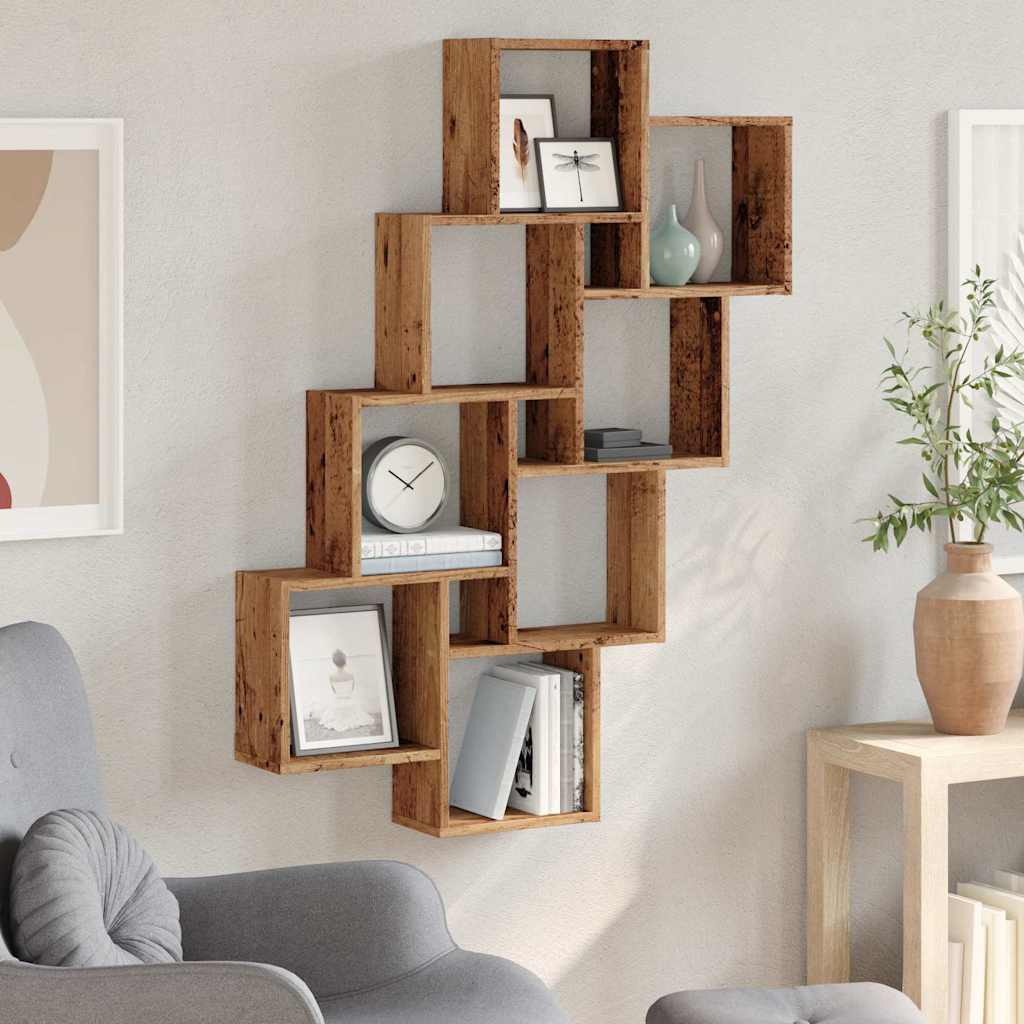 vidaXL Wall Cube Shelf Old Wood 90x15x119.5 cm Engineered Wood 3