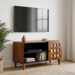 TV Cabinet with Door Solid Mango Wood in Walnut