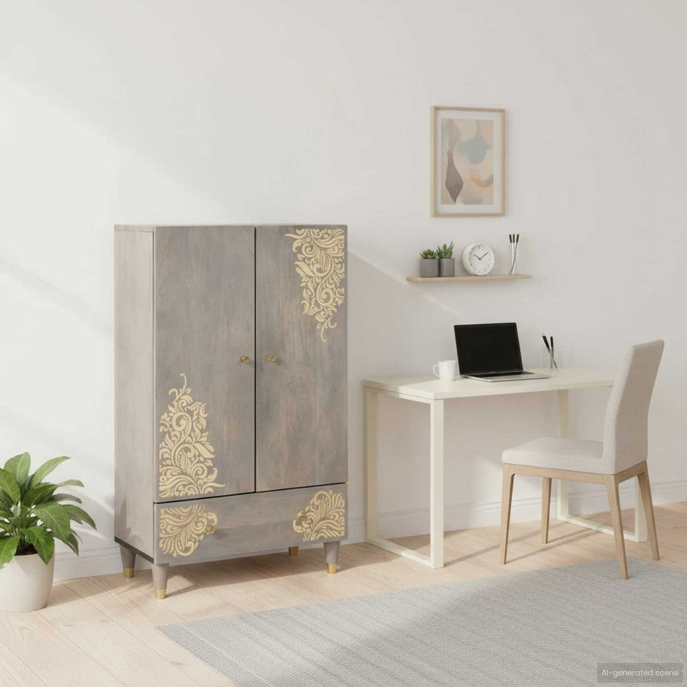 Highboard Grey and Gold Solid Mango Wood