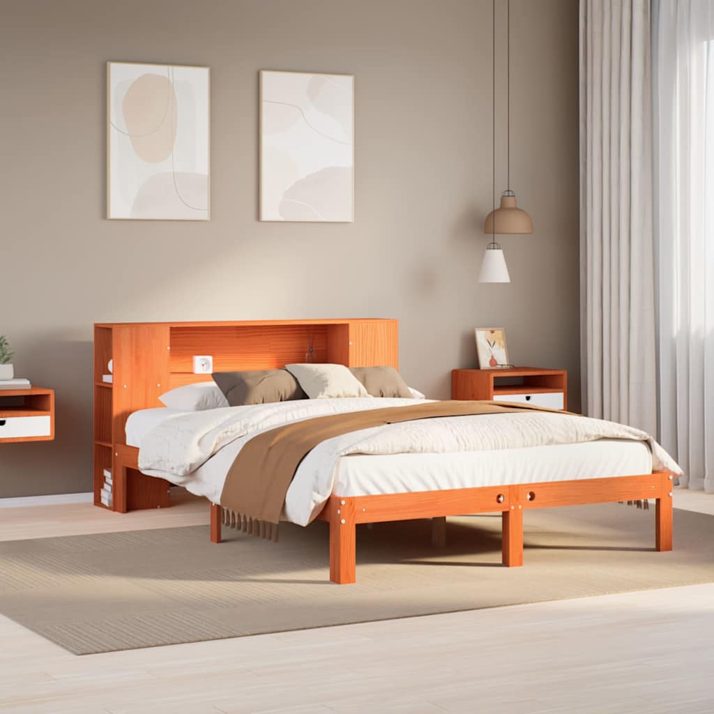 Bookcase Bed without Mattress Solid Wood Pine Wax brown 135 cm 190 cm
