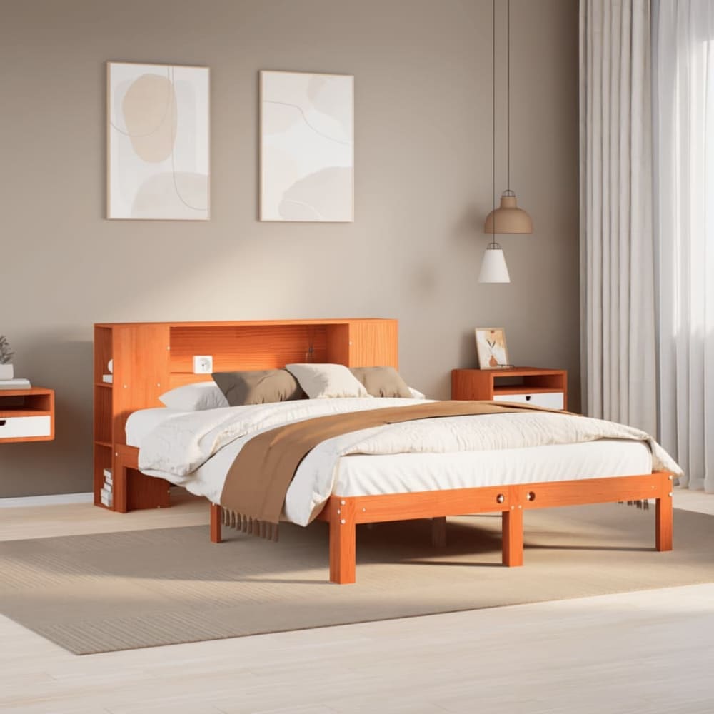 Bookcase Bed without Mattress Solid Wood Pine Wax brown 140 cm 190 cm