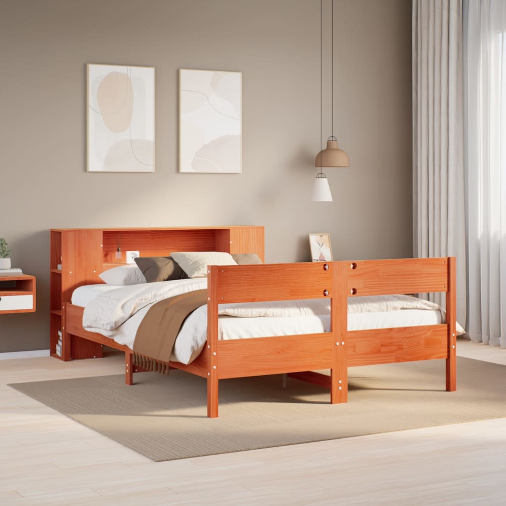 Bookcase Bed without Mattress Solid Wood Pine Wax brown 140 cm 190 cm