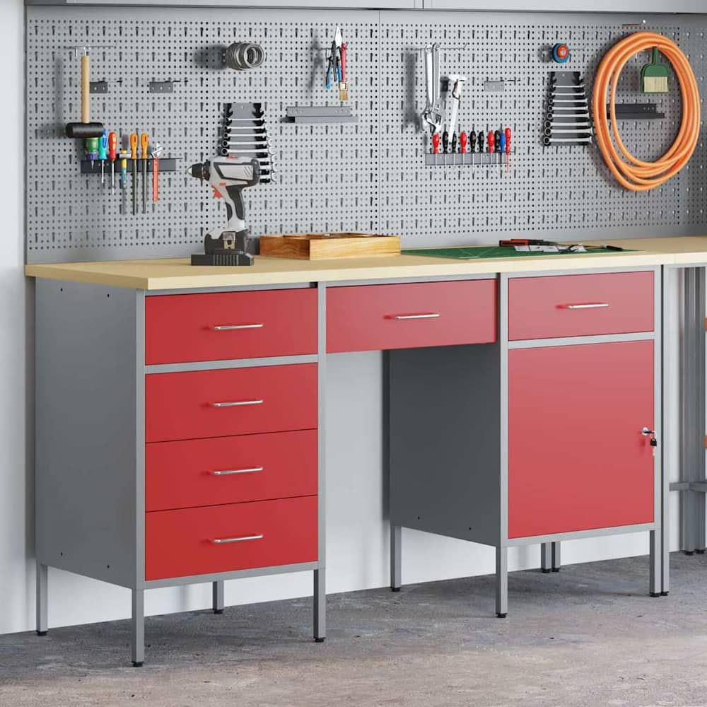 vidaXL Work Cabinet with Drawer 3 pcs Red Engineered Wood and Steel 1