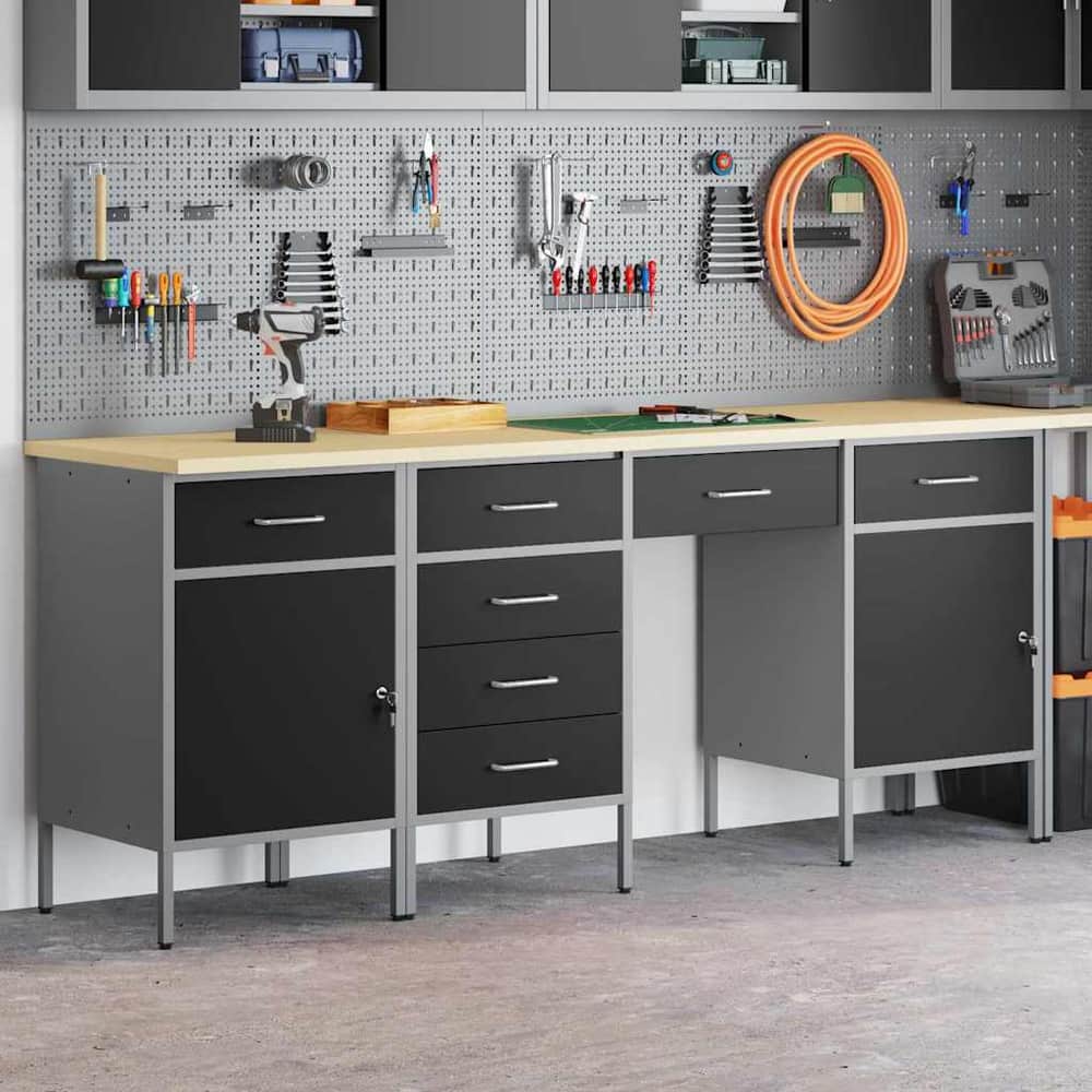 vidaXL Work Cabinet with Drawer 4 pcs Black Engineered Wood and Steel 3