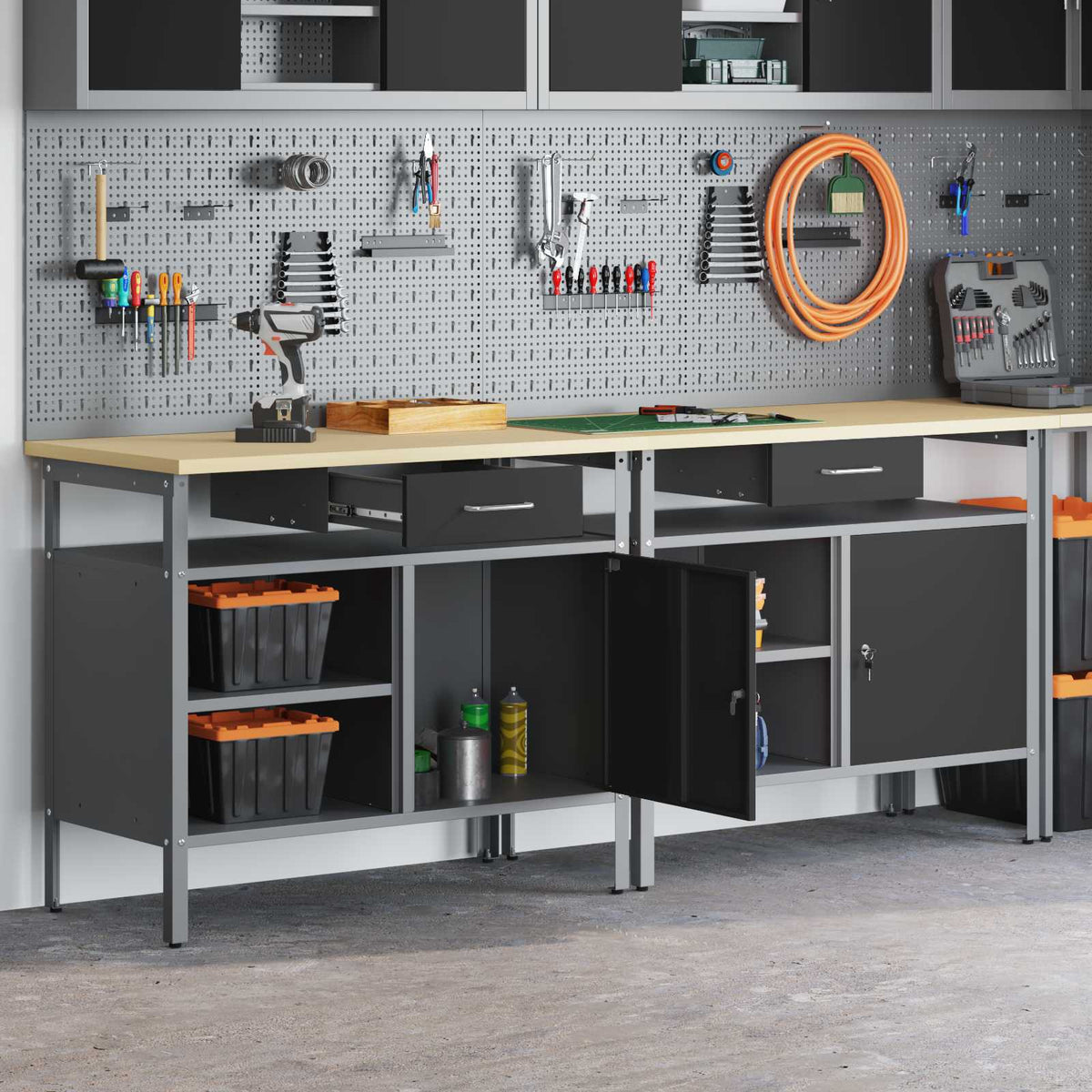 Work Bench Set 8 pcs and Grey 200 x 55 x 200 cm Steel Black 200 cm workbench (2 shelves &1 door)