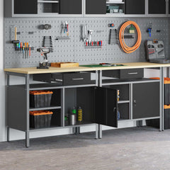 Work Bench Set 8 pcs and Grey 200 x 55 x 200 cm Steel Black 200 cm workbench (2 shelves &1 door)