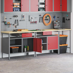 Work Bench Set 8 pcs and Grey 200 x 55 x 200 cm Steel Red 255 cm workbench (2 shelves &1 door)