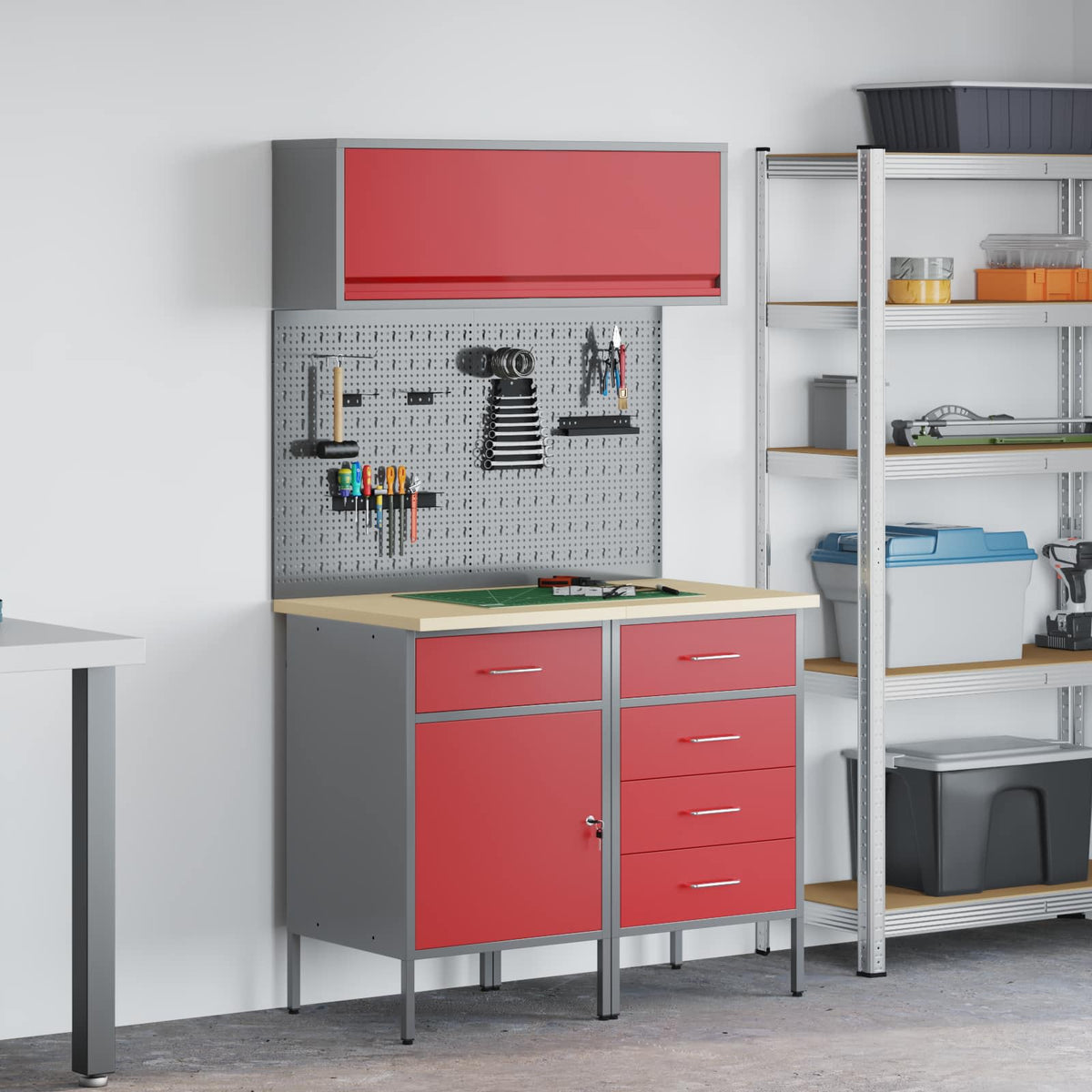 Work Cabinet Set 8 pcs Steel and Engineered Wood Red 100 cm workbench (5 drawers &1 door)