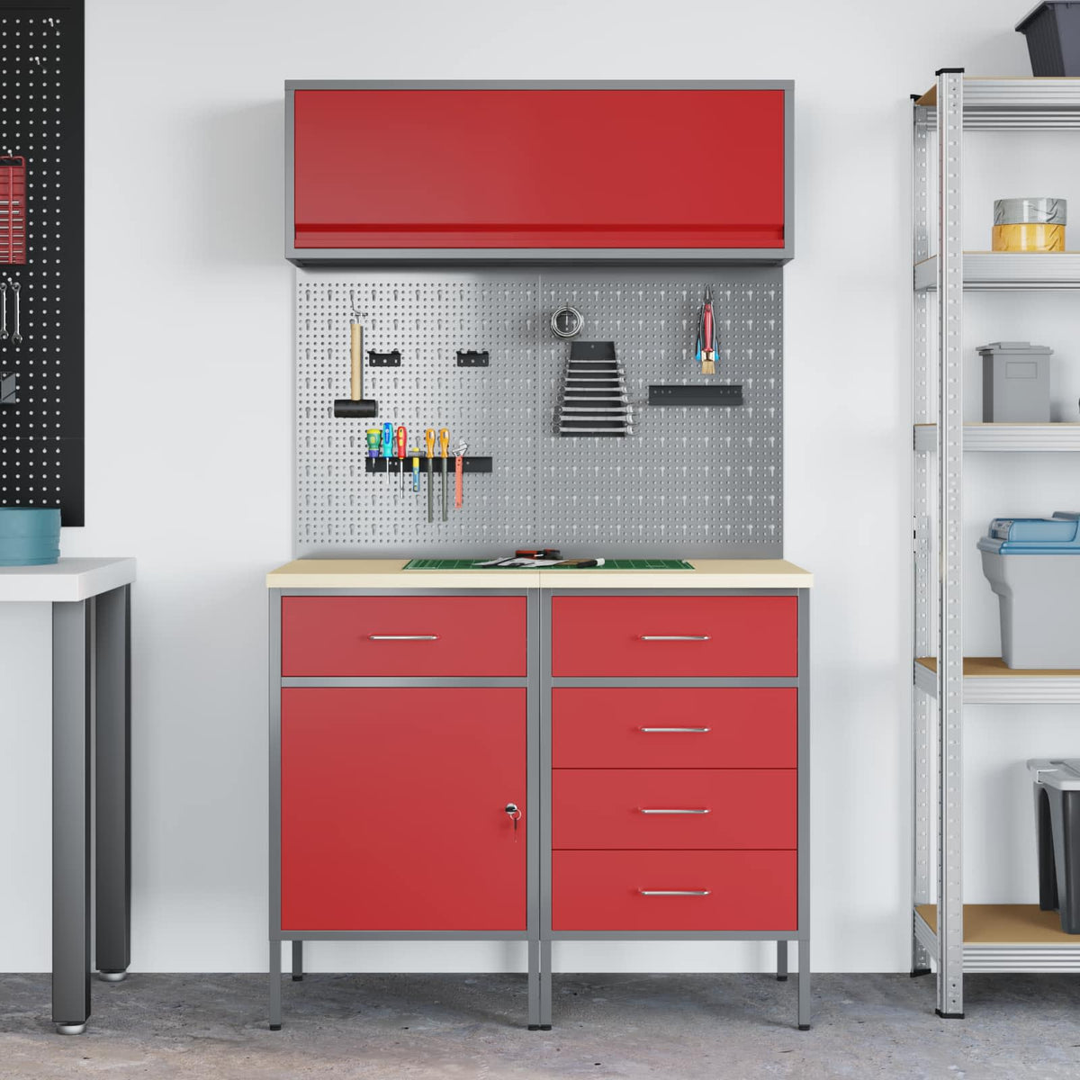 Work Cabinet Set 8 pcs Steel and Engineered Wood Red 100 cm workbench (5 drawers &1 door)