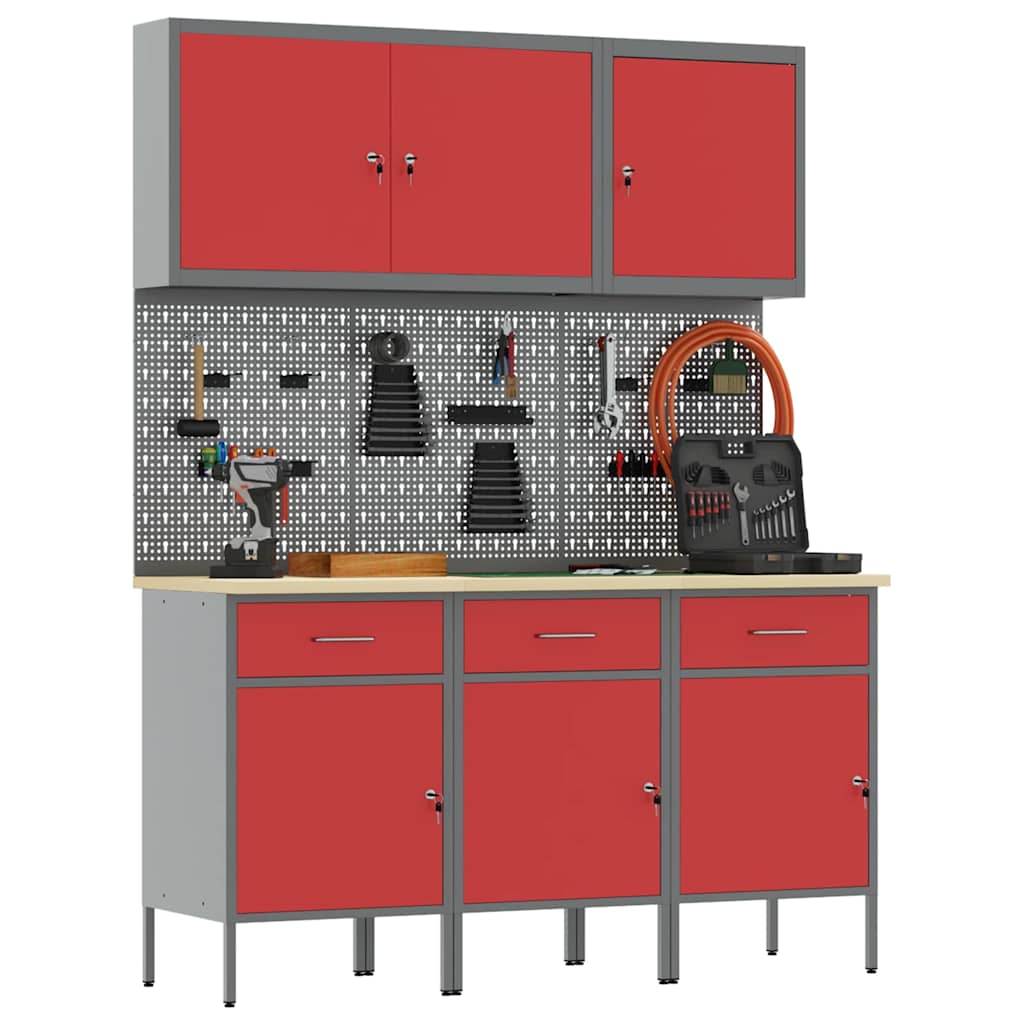 vidaXL Work Cabinet 8 pcs Red and Grey Engineered Wood and Steel 3