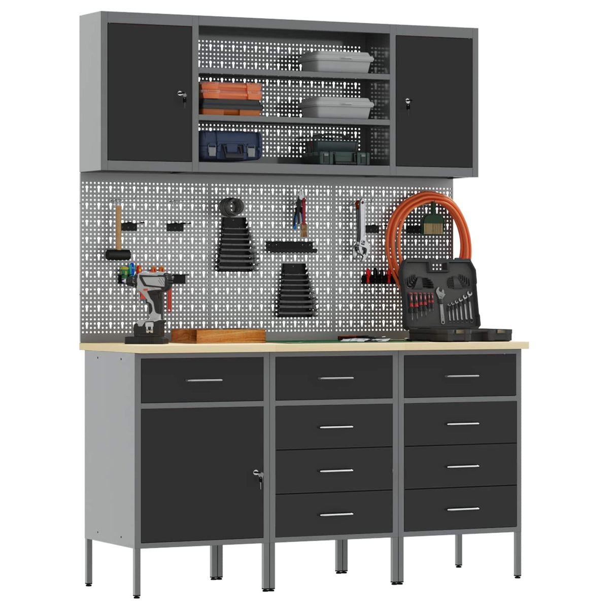vidaXL Work Cabinet 7 pcs Black and Grey Engineered Wood and Steel 3