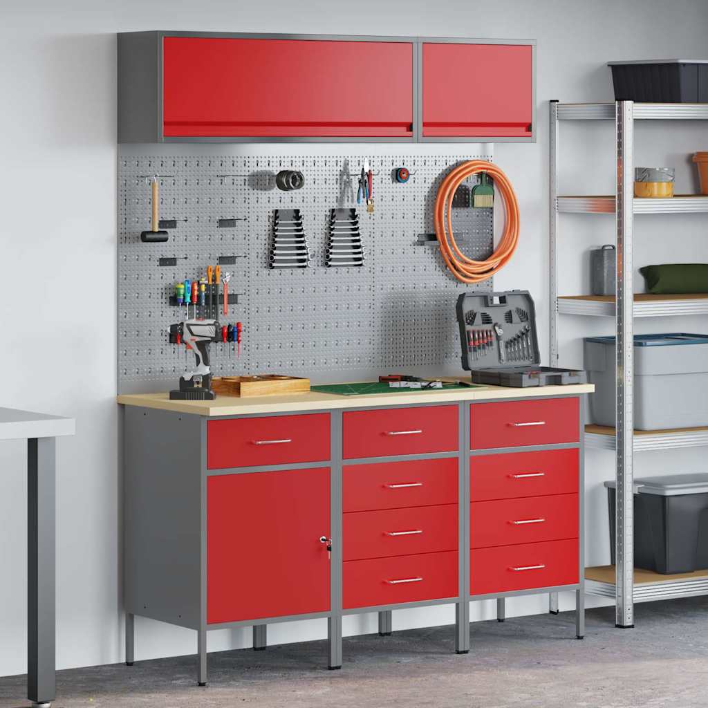 Work Cabinet Set 8 pcs Steel and Engineered Wood Red 150 cm workbench (9 drawers &1 door)