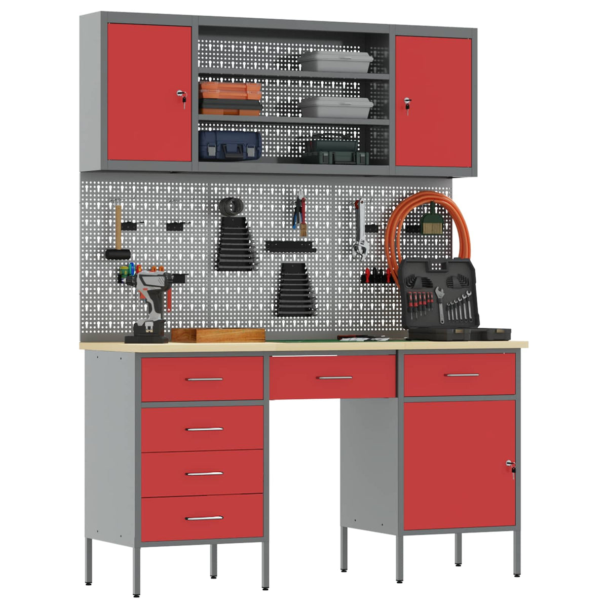 vidaXL Work Cabinet 7 pcs Red and Grey Engineered Wood and Steel 3
