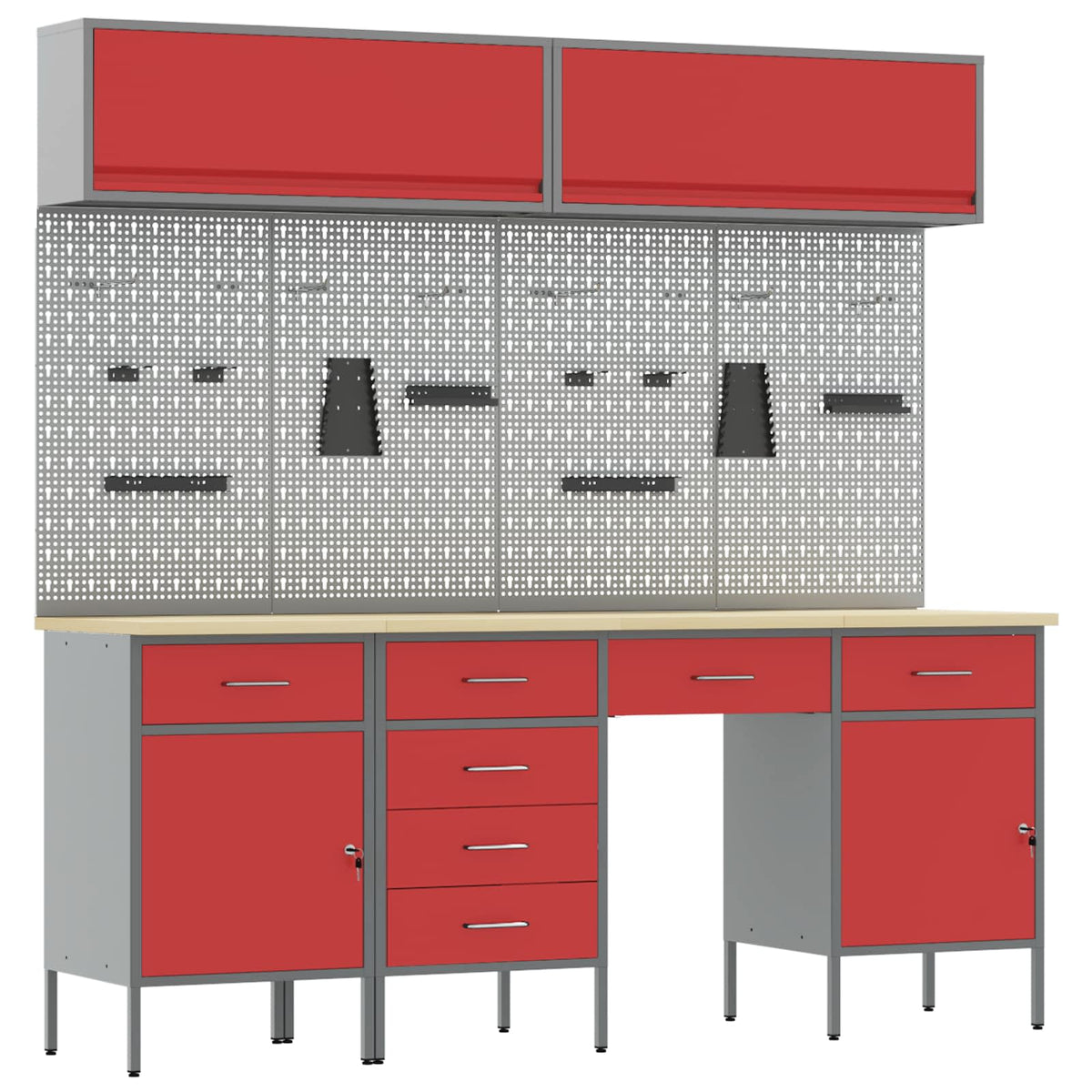 Work Cabinet Set 8 pcs Steel and Engineered Wood Red 200 cm workbench (7 drawers &2 doors)