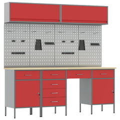 Work Cabinet Set 8 pcs Steel and Engineered Wood Red 200 cm workbench (7 drawers &2 doors)