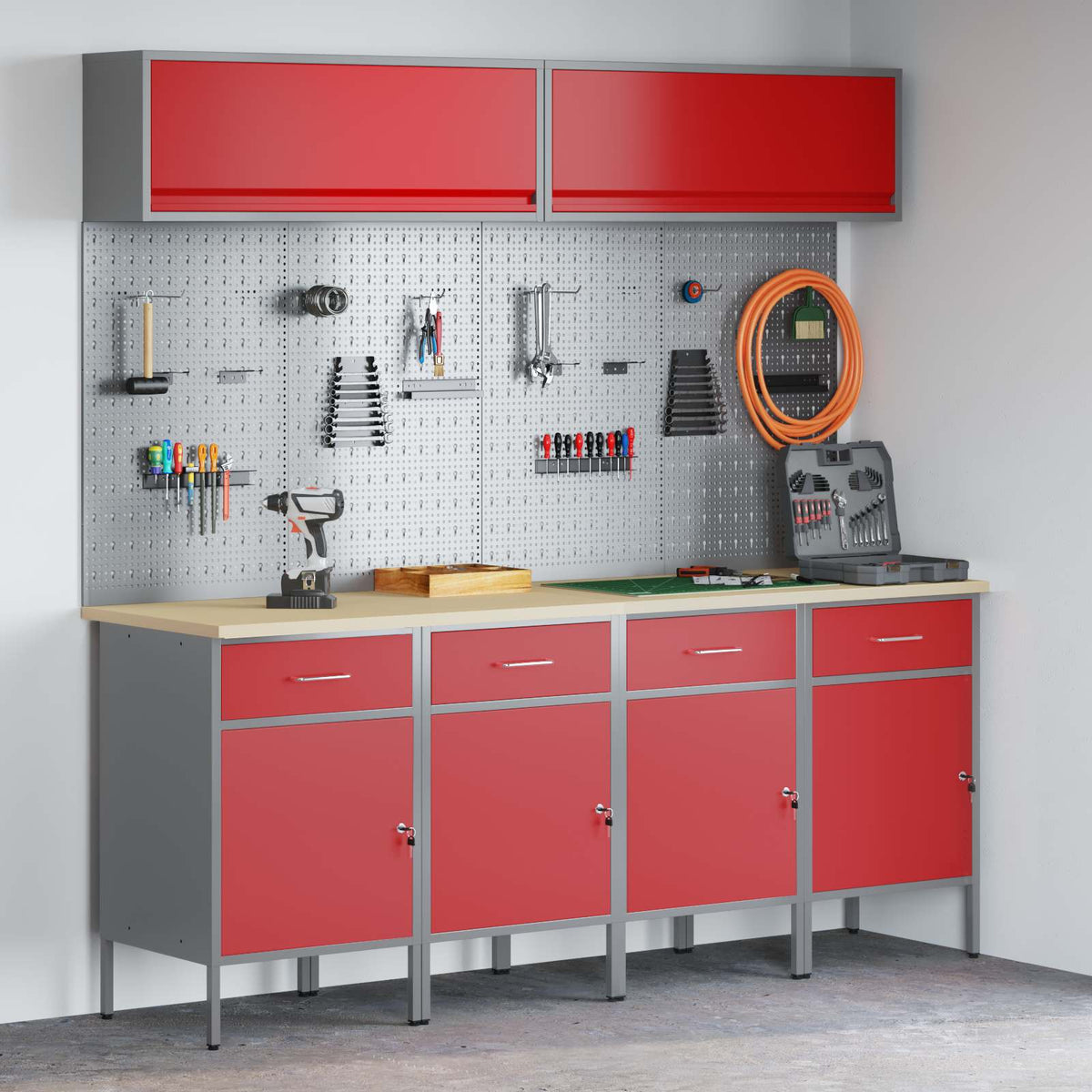 Work Cabinet Set 8 pcs Steel and Engineered Wood Red 200 cm workbench (4 drawers &4 doors)