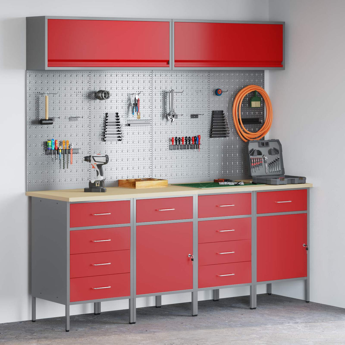 Work Cabinet Set 8 pcs Steel and Engineered Wood Red 200 cm workbench (10 drawers &2 doors)