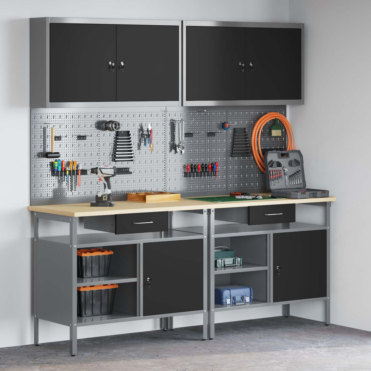 Work Bench Set 8 pcs and Grey 200 x 55 x 200 cm Steel Black 200 cm workbench (2 shelves &1 door) +pegboard +wall cabinet
