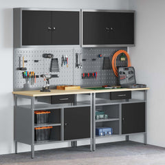 Work Bench Set 8 pcs and Grey 200 x 55 x 200 cm Steel Black 200 cm workbench (2 shelves &1 door) +pegboard +wall cabinet