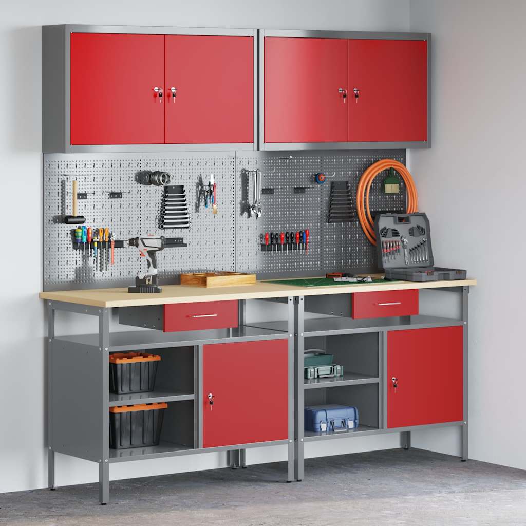 Work Bench Set 8 pcs and Grey 200 x 55 x 200 cm Steel Red 200 cm workbench (2 shelves &1 door) +pegboard +wall cabinet