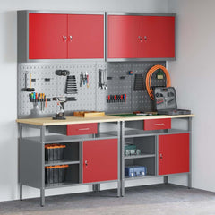 Work Bench Set 8 pcs and Grey 200 x 55 x 200 cm Steel Red 200 cm workbench (2 shelves &1 door) +pegboard +wall cabinet