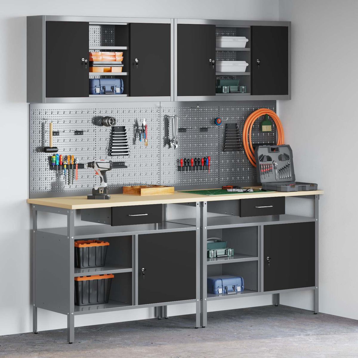 Work Bench Set 8 pcs and Grey 200 x 55 x 200 cm Steel Black 200 cm workbench (2 shelves & 1 door) + pegboard + wall cabinet with open shelves
