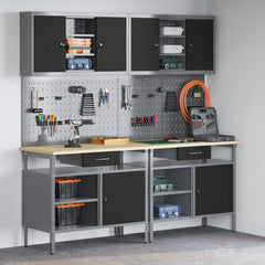 Work Bench Set 8 pcs and Grey 200 x 55 x 200 cm Steel Black 200 cm workbench (2 shelves & 1 door) + pegboard + wall cabinet with open shelves