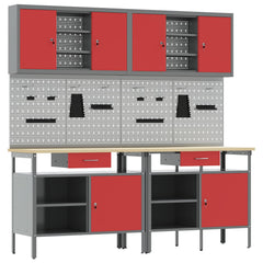 Work Bench Set 8 pcs and Grey 200 x 55 x 200 cm Steel Red 200 cm workbench (2 shelves & 1 door) + pegboard + wall cabinet with open shelves