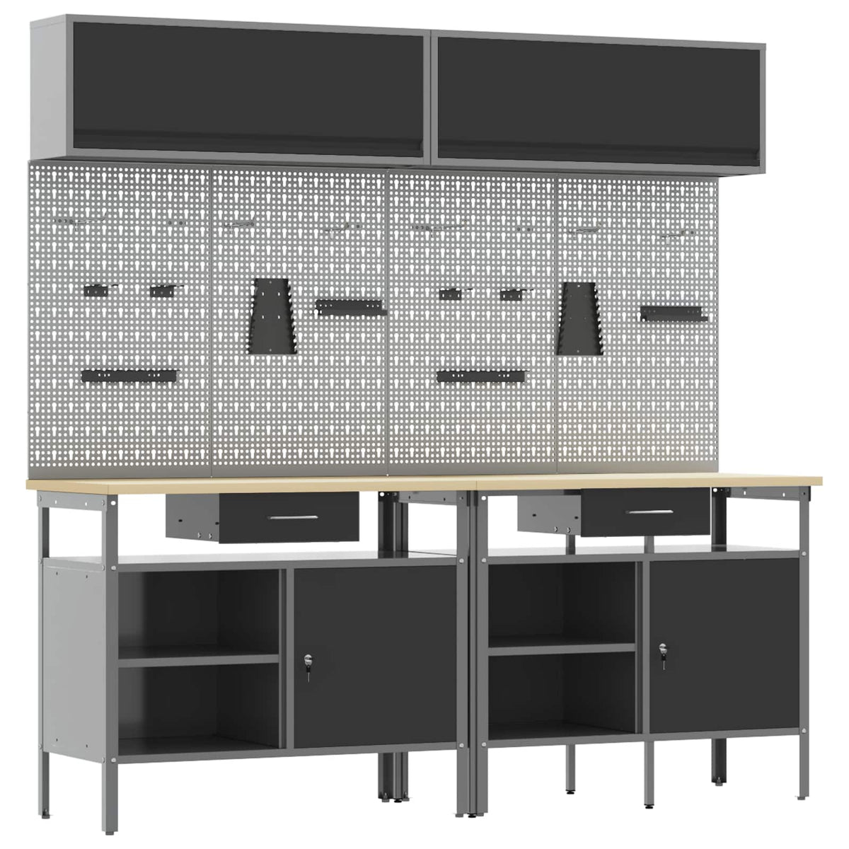 Work Bench Set 8 pcs and Grey 200 x 55 x 200 cm Steel Black 200 cm workbench (2 shelves & 1 door) + pegboard + wall cabinet with gas-lift door