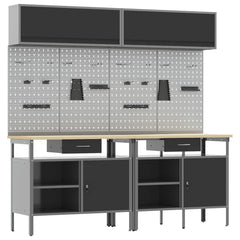 Work Bench Set 8 pcs and Grey 200 x 55 x 200 cm Steel Black 200 cm workbench (2 shelves & 1 door) + pegboard + wall cabinet with gas-lift door