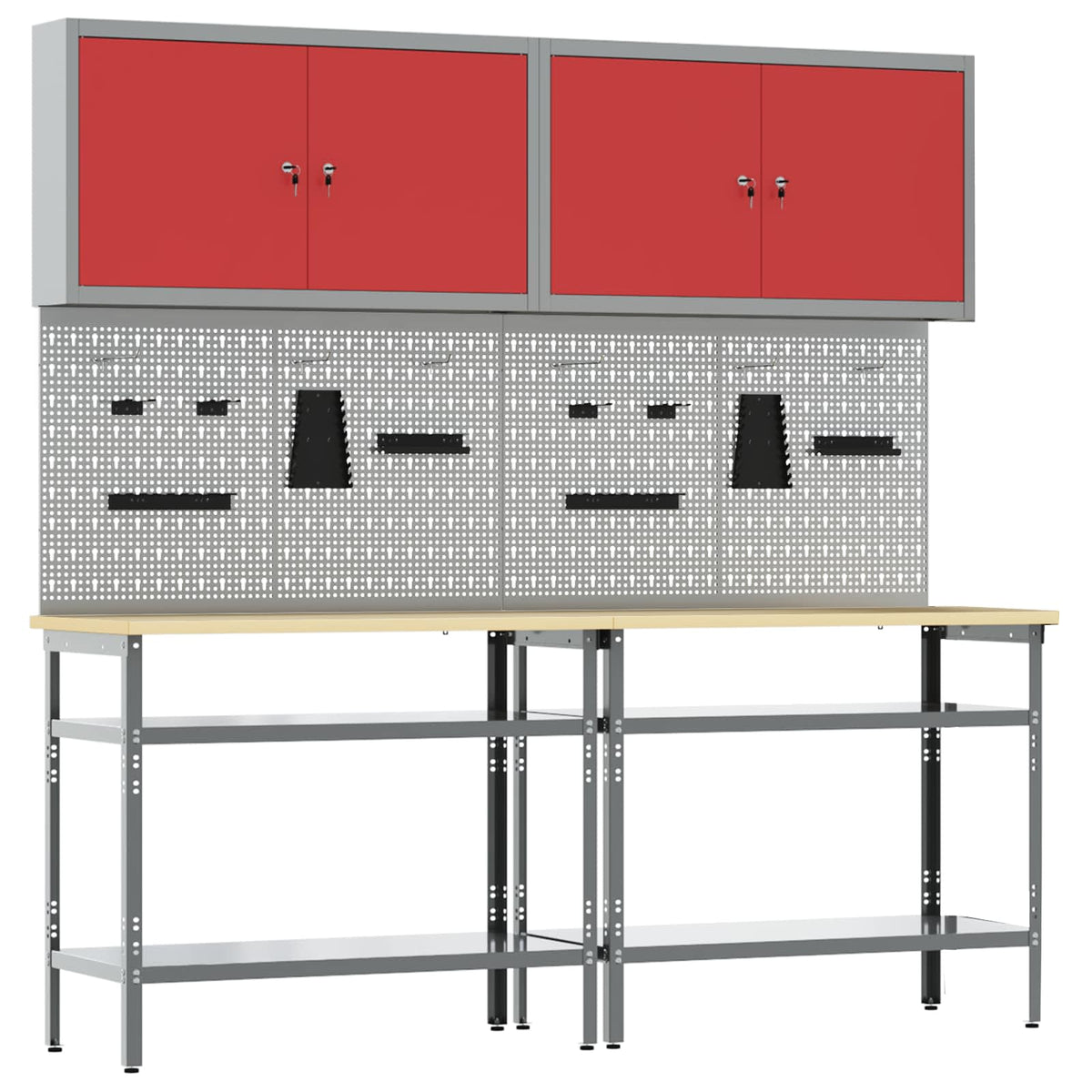 Work Bench Set 8 pcs and Grey 200 x 55 x 200 cm Steel Red 200 cm workbench (2 shelves) +pegboard +wall cabinet
