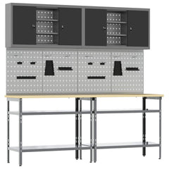 Work Bench Set 8 pcs and Grey 200 x 55 x 200 cm Steel Black 200 cm workbench (2 shelves) +pegboard +wall cabinet with open shelves