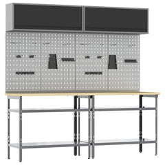 Work Bench Set 8 pcs and Grey 200 x 55 x 200 cm Steel Black and grey 2 x table (100 cm) +4 x pegboard (80 cm) +2 x cabinet with gas-lift door (100 cm)