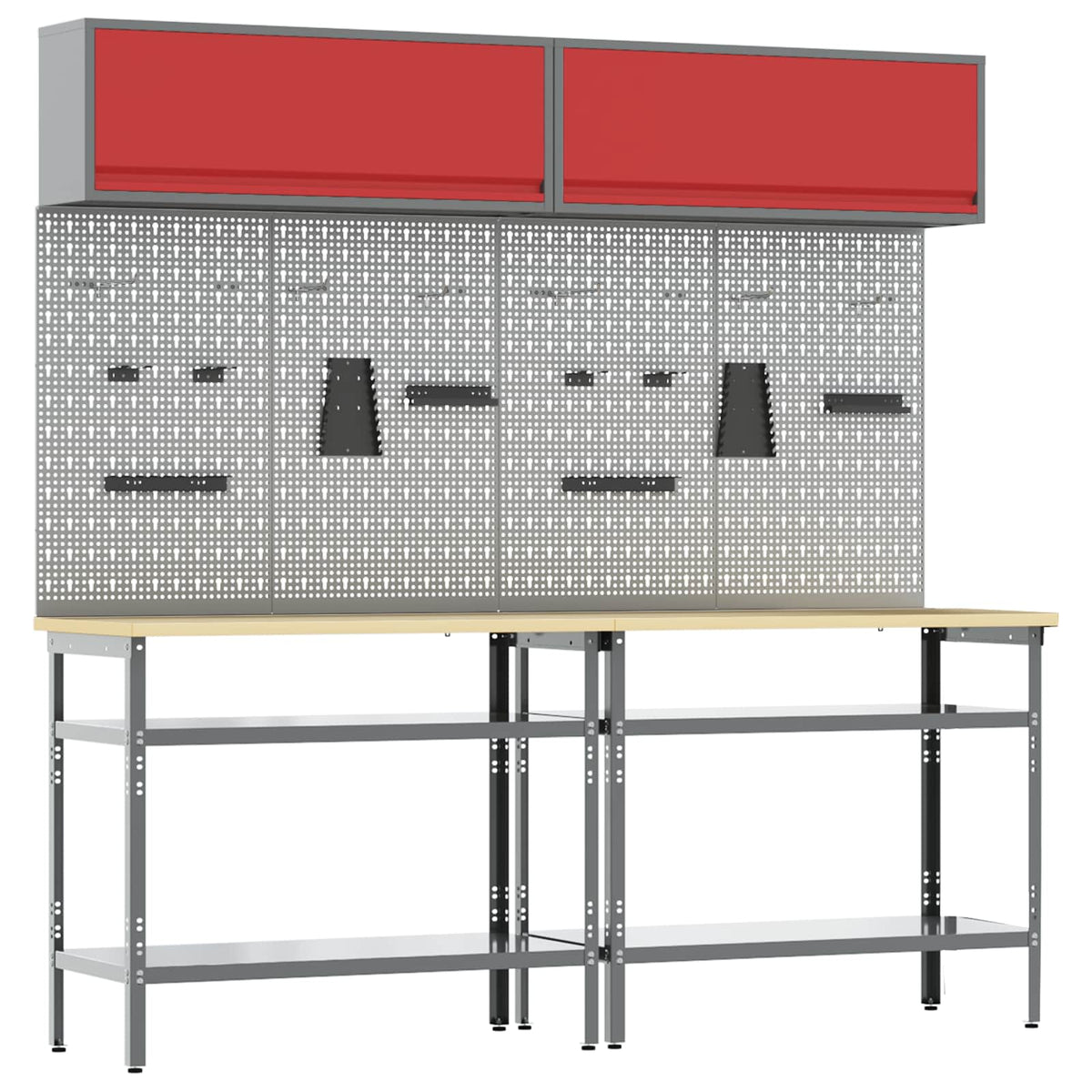 Work Bench Set 8 pcs and Grey 200 x 55 x 200 cm Steel Red 200 cm workbench (2 shelves) +pegboard +wall cabinet with gas-lift door