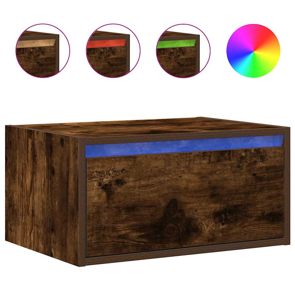 vidaXL Wall-mounted Bedside Cabinet with LED Lights Smoked Oak 2