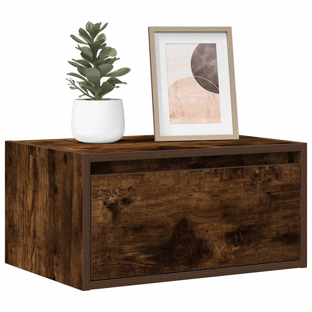 vidaXL Wall-mounted Bedside Cabinet with LED Lights Smoked Oak 1