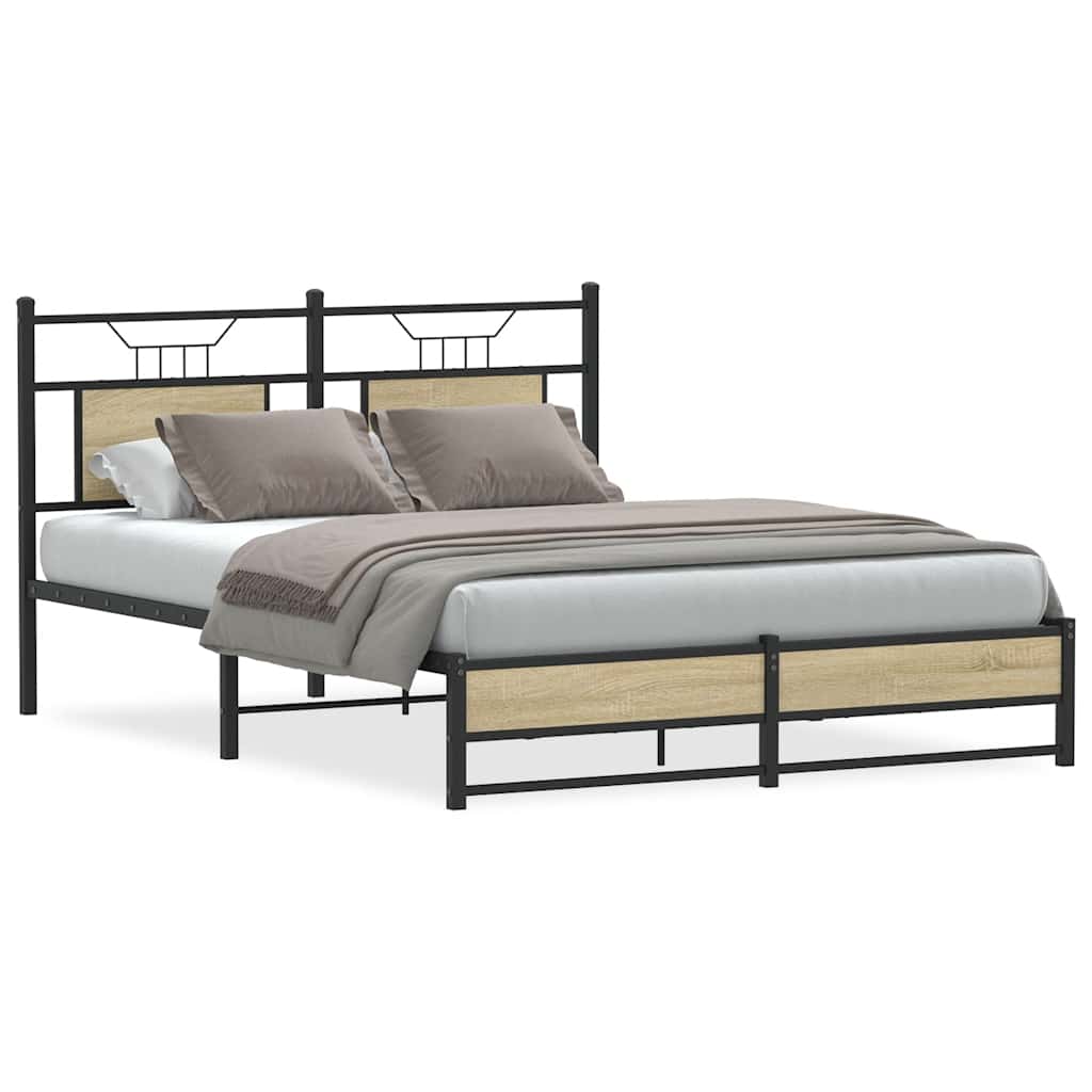 vidaXL Bed Frame without Mattress Engineered Wood Sonoma Oak with Headboard & Dual Low Footboard