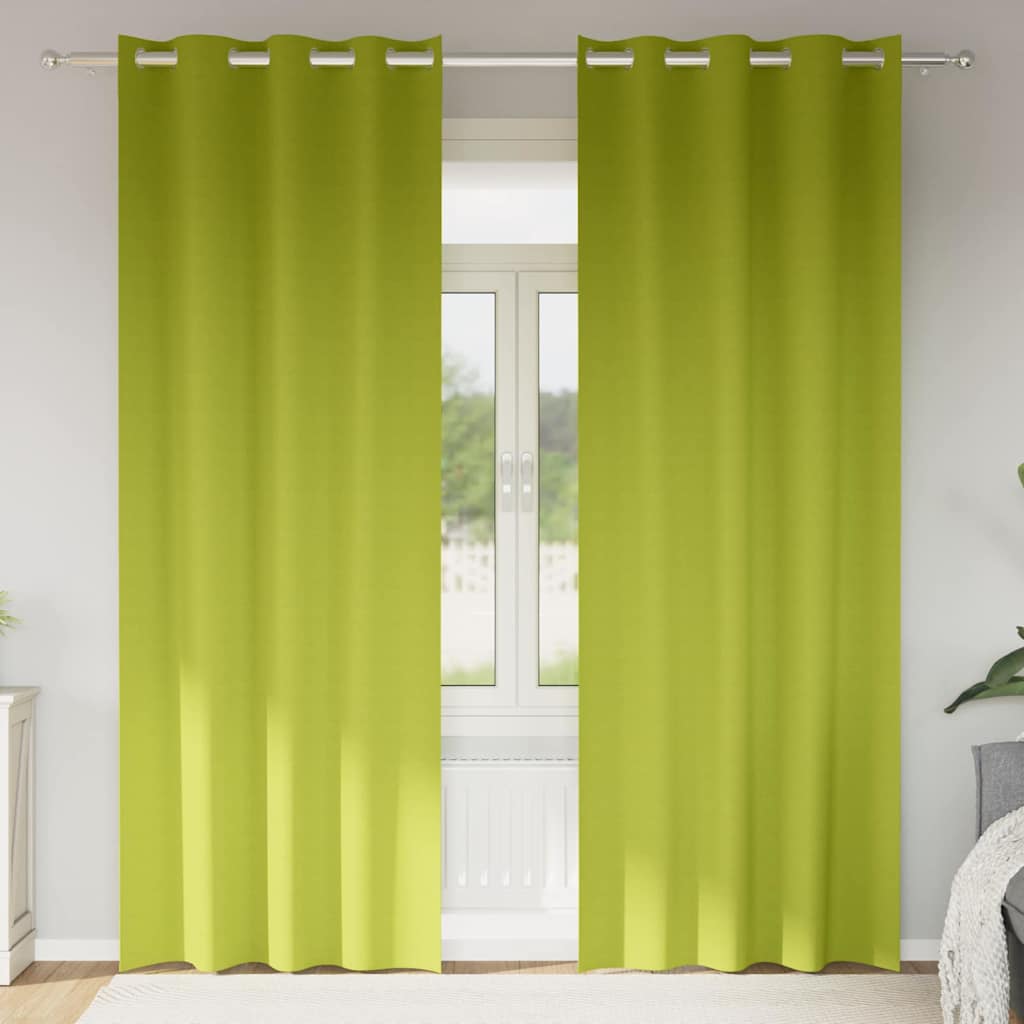 vidaXL Blackout Curtains with Rings 2 pcs Green Polyester hanging on a curtain rod in a bright room