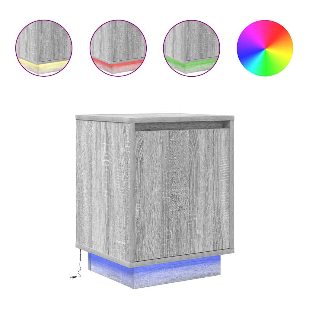 vidaXL Bedside Cabinet with LED Lights Grey Sonoma 38x34x50 cm 2